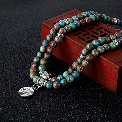 Bivei 108 Mala Beads Necklace Long Beaded Wrap Bracelets Genuine Gemstone Mala Prayer Beads Lotus Buddha Charm Yoga Meditation Necklace - color: Blue Lace Agate-Lotus OM-Buddha