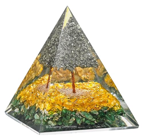 Amazing Gemstone Orgone Pyramid for Money with Pyrite Crystal Tree, Citrine and Green Aventurine Crystals and Healing Stones - Authentic Orgonite & Organite Gifts to Atrract Money Abundance Wealth - color: Money Success