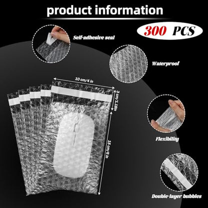 Frienda 300 Pcs Clear Self Sealing Bubble Cushion Bags Double Wall Bubble Pouch Bag Plastic Shockproof Protective Packing for Small Business Moving Shipping Packaging Storage(4" X 6") - size: 4" X 6"