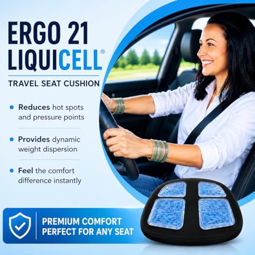 ERGO21 Travel Seat Cushion with LiquiCell® Membrane (Now Upgraded) - Thin Orthopedic Cushion for Sciatica, Tailbone, Back Pain Relief – Lightweight Foldable | Car, Truck, Airplane, Office & Home