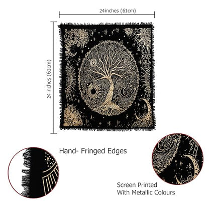 Indian Consigners Tree of Life Altar Cloth Tapestry Tablecloth Celtic Trees Ritual Spiritual Cloth for Sacred Places, Cotton Square Tarot Table Cover 24 by 24 Sacred - color: Golden Celestical Dry Tree, size: 24" x 24" (Square)