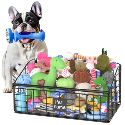 Kaiferty Indestructible Dog Toy basket, Medium Toy Box for Dogs,Pet Toy Bin Dog Metal Basket for Toys, Toy Storage Organizer, Toy Box for Living Room Area (Black)