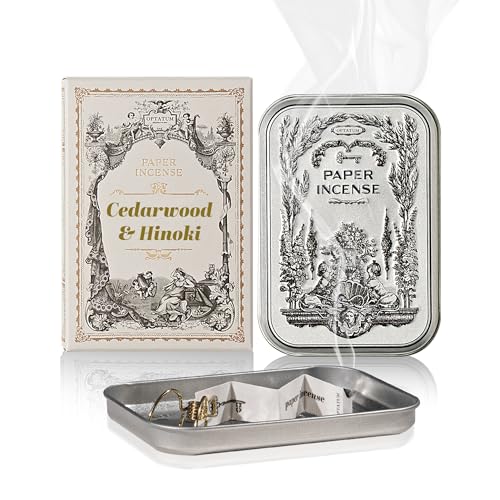 Paper Incense - 48pcs with Vintage Tin Case, Burning Papers Infused with Natural Essential Oils, Quick Usage & Long-Lasting Fragrance, Eliminating Bathroom, Kitchen, Pet Odors - Cedarwood & Hinoki