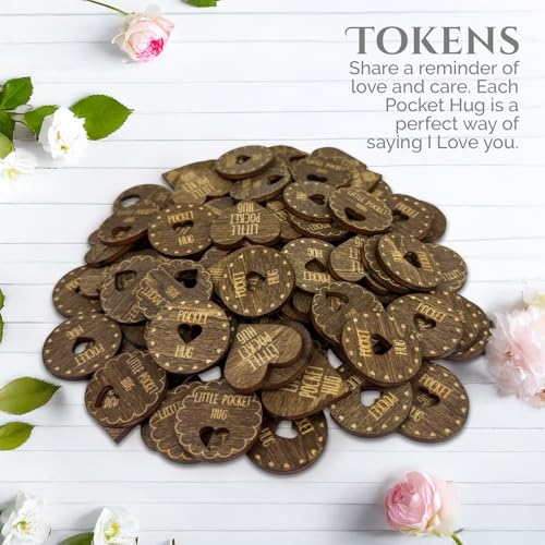 Positive Wooden Pocket Hugs Cutouts | 100 Laser Engraved Wood Hearts with Positive Pocket Hug Messages | Family Keepsake and Rememberance Gift - style: Little Pocket Hugs Chip