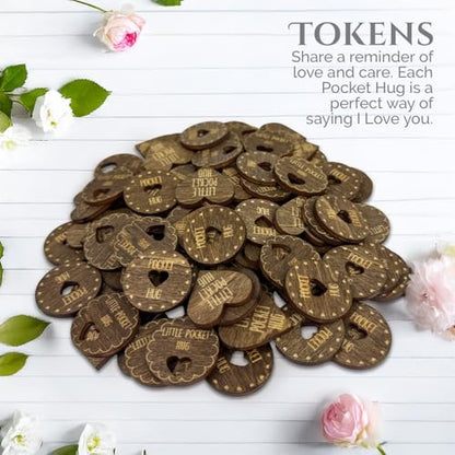 Positive Wooden Pocket Hugs Cutouts | 100 Laser Engraved Wood Hearts with Positive Pocket Hug Messages | Family Keepsake and Rememberance Gift - style: Little Pocket Hugs Chip