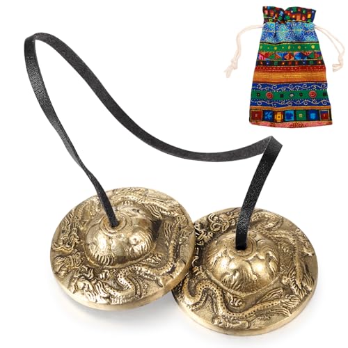 Boao Tibetan Bells Tingsha Cymbals Meditation Chime Bells with Tibetan Drawstring Cloth Bag, 6.3 cm Yoga Finger Meditation Chime for Percussion Instrument(2 Dragons with Bell Embossed) - color: 2 Dragons with Bell Embossed