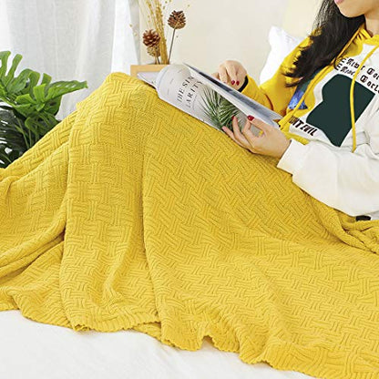 uxcell 100% Cotton Cable Knit Throw Blanket,Soft Lightweight Lap Blanket,Textured Solid Sofa Throw Couch Cover Decors Knitted Blankets, Yellow 50"x 60" - color: Yellow