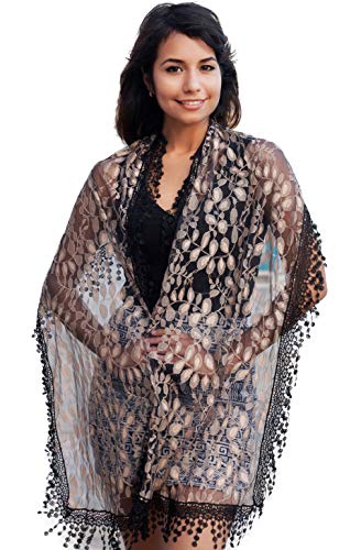 Cindy and Wendy Lightweight Soft Leaf Lace Fringes Scarf Bridal Veils shawl for Women - color: Black & Coffee