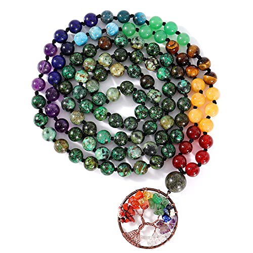 Bivei 108 Mala Beads Necklace Life Tree 7 Chakra Wrap Bracelet Real Healing Gemstone Yoga Meditation Hand Knotted Mala Prayer Bead Necklace - color: African Turquoise, size: 8mm