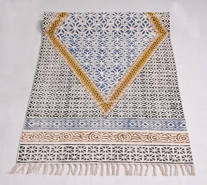 2.6x4 Ft Cotton Yoga Mat Rug – Blue Extra Large Hand-Woven Cotton Dhurrie Meditation Rug for Yoga Perfect Runner for Hallway, Kitchen, Living Room Area Runner