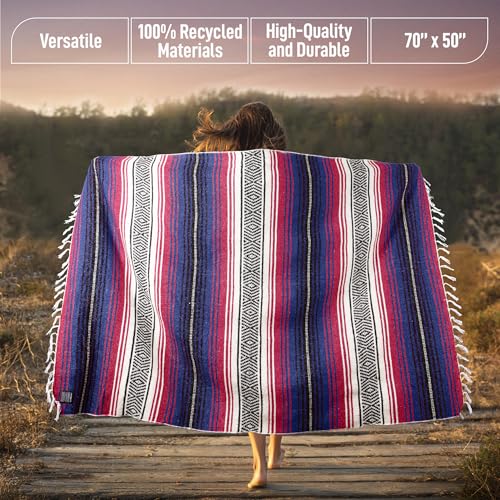 Hydration Nation Authentic Extra Large Mexican Blanket (70"x50") - Handwoven Yoga, Serape- Artisanal Falsa, Beach, Camping, Picnic, Outdoor - Twilight - color: Twilight