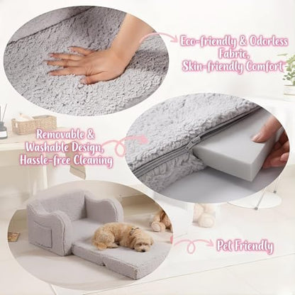 MOMCAYWEX Kids Sofa, 2-in-1 Flip-Out Foam Couch with Soft Sherpa Cover, Cozy Play Lounge Chair, Grey - color: Grey, size: Medium