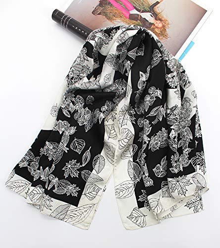ANDANTINO 100% Pure Mulberry Silk Scarf 35" Large Square Lightweight Headscarf –Women’s Hair Wraps-With Gift Packed - color: Black Leaves