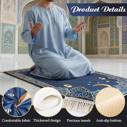 Muslim Prayer Mat 2-in-1 Travel Rug with Removable Washable Cover, Thick Foam Janamaz Sajadah, Minimalist Star & Moon Islamic Design, Non-Slip, 31.5"x47.2" - color: Green