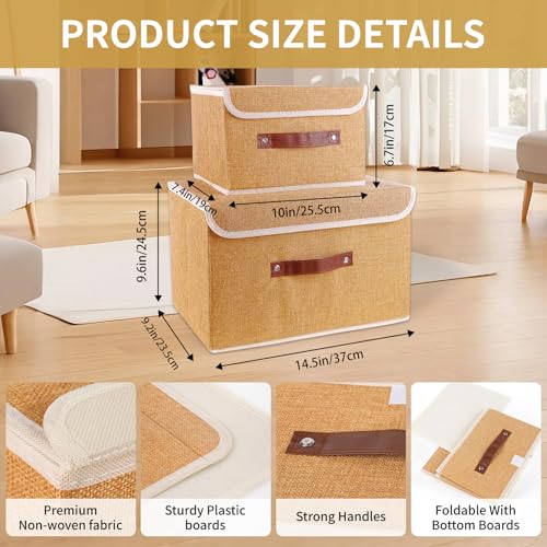 Small Storage Bin with Lid Storage Boxes,Collapsible Linen Storage Basket Container with Lid Storage Cube for Organizing Closets(Light brown)