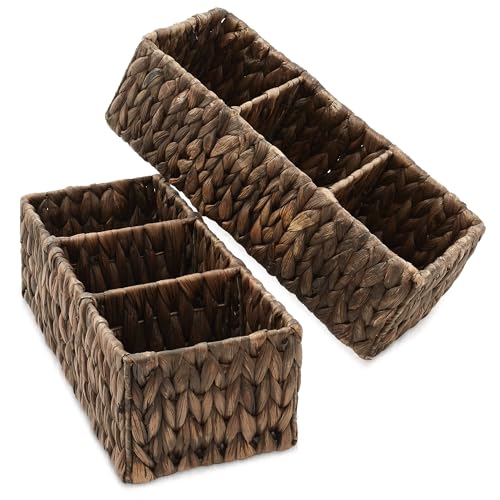 Casafield Set of 2 Water Hyacinth Basket Organizers with 3 Sections, Espresso - Woven Storage Bins for Bathroom, Laundry, Pantry, Office, Shelves - color: Espresso - Hyacinth, size: 3 Section