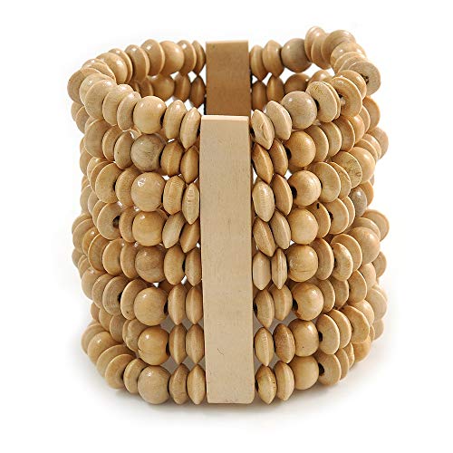 Avalaya Wide Wooden Bead Flex Bracelet In Natural - 19cm L - Adjustable