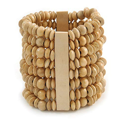 Avalaya Wide Wooden Bead Flex Bracelet In Natural - 19cm L - Adjustable