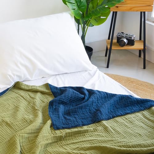 Salt Earth 100% Cotton Muslin Blanket, Gauze 55"X75" Twin, 6 Layered for Couch, Bed, Living Room, Home, Lightweight & All Season Blankets & Throws, Easy wash, Skin Friendly (Dress Blue/Mosstone) - color: Dress Blue / Mosstone, size: 55"X75" Twin