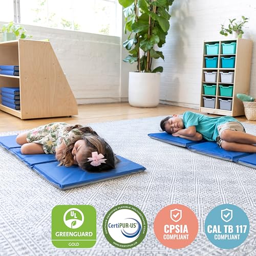 ECR4Kids Everyday Folding Rest Mat, 3-Section, 1in, Sleeping Pad, Blue/Grey, 5-Pack