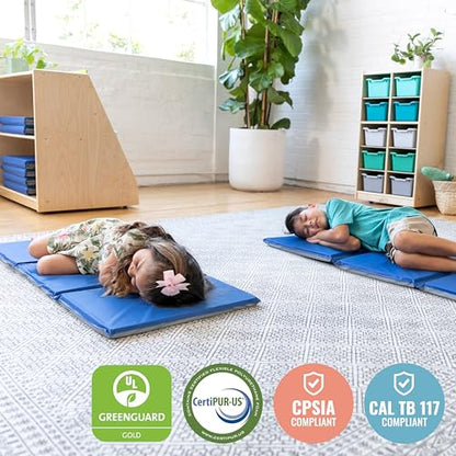 ECR4Kids Everyday Folding Rest Mat, 3-Section, 1in, Sleeping Pad, Blue/Grey, 5-Pack