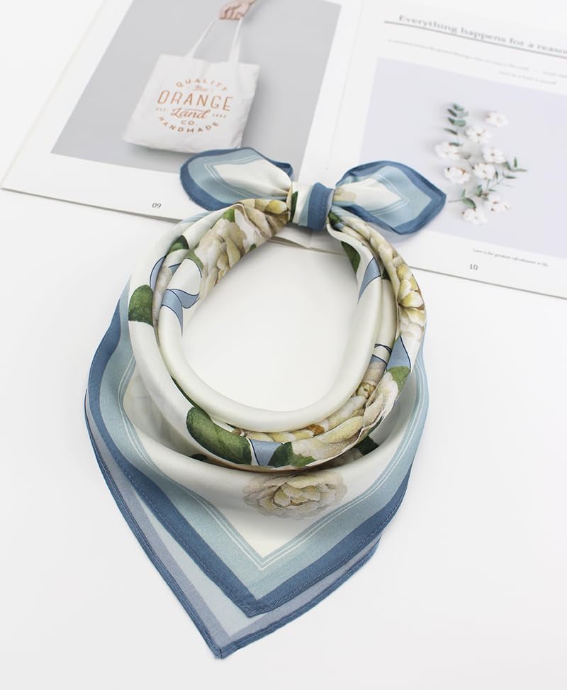 ANDANTINO 100% Mulberry Silk Scarf -21” Lightweight Square Neckerchief – Breathable Digital Printed Scarves with Gift Packed - color: Floral-pale Blue