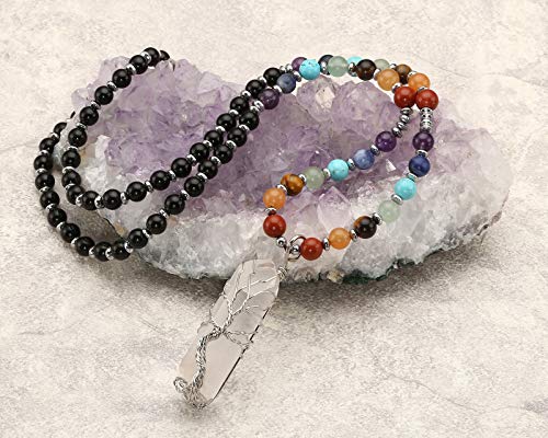 Jovivi Natural 7 Chakras Healing Crystals Necklace Wire Wrapped Clear Quartz Stone Pendant Healing Pointed Reiki Energy Balancing - color: Black Obsidian