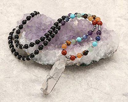 Jovivi Natural 7 Chakras Healing Crystals Necklace Wire Wrapped Clear Quartz Stone Pendant Healing Pointed Reiki Energy Balancing - color: Black Obsidian