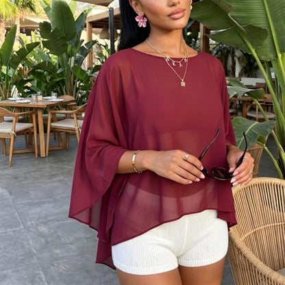 Women Chiffon Cape Shawls and Warps for Evening Dress Wedding Sheer Mesh Flowy Capelets Top - color: A-burgundy, size: X-Large