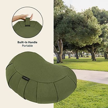 Retrospec Sedona Zafu Meditation Cushion with Buckwheat Hull Fill - Adjustable Yoga & Pilates Equipment Support - 17in Crescent Cotton Cover - color: Basil, size: 1 Count (Pack of 1)
