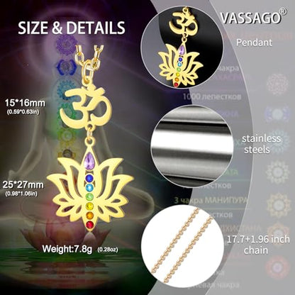 VASSAGO Lotus Flower Chakra Necklace for Women Lotus Flower Necklace 7 Chakra Pendant OM Symbol Buddha Amulet Spiritual Healing Jewelry Yoga Meditation Gift - color: Gold 2