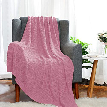 uxcell 100% Cotton Cable Knit Throw Blanket,Soft Lightweight Lap Blanket,Textured Solid Sofa Throw Couch Cover Decors Knitted Blankets, Pink 50"x 60" - color: Pink