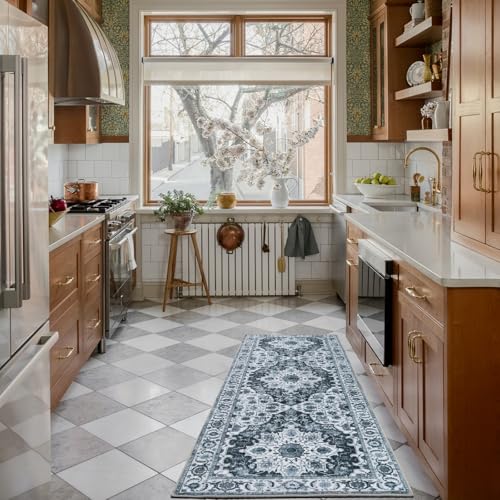 WILLSUN Washable Area Rugs, 2x6 Non-Slip Boho Area Rugs for Kitchen, Living Room, Bedroom, Machine Washable Vintage Rug, Indoor Floral Print Carpet for Home Decor, Kid & Pet Friendly Mat - color: Grey, size: 2' x 6' (Rectangular)