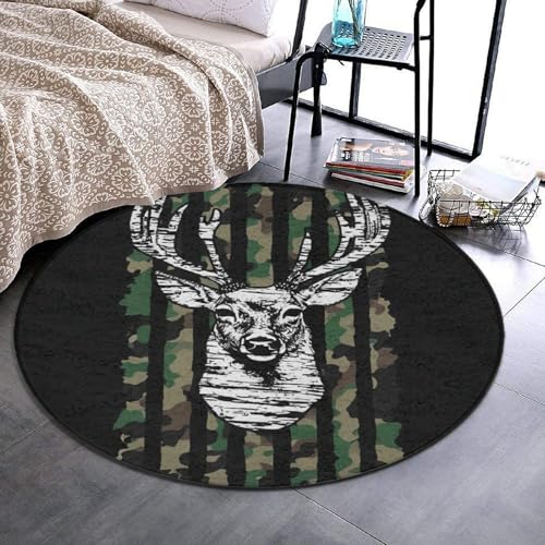 Modern Round Area Rug, Non-Slip Machine Washable Kitchen Office Circle Rug, Room Sofa Yoga Soft Round Carpet Compatible with Deer Camo Camouflage American Flag Hunting Black 24inch(60cm) - color: Color597, size: 24inch(60cm)