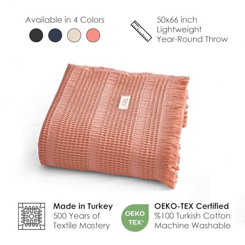 Mira Waffle Throw Blanket with Tassels - 50x66 Inch - 100% Turkish Cotton Tencel Breathable Blend Lightweight Blanket for Couch, Sofa, Bed - color: Salmon