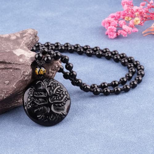 Black Obsidian Necklace Protection Pendant with Extended Bead Chain Healing Crystal Stone Amulet Necklace for Men Women - color: Tree of Life
