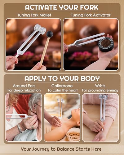 Tuning Forks for Healing Set-128Hz, 136.1Hz, 256Hz, 384Hz Weighted & Unweighted with Activator & Pouch-Complete Sound Therapy Kit for Chakra Balancing, Yoga, Meditation, Stress Relief & Energy Healing