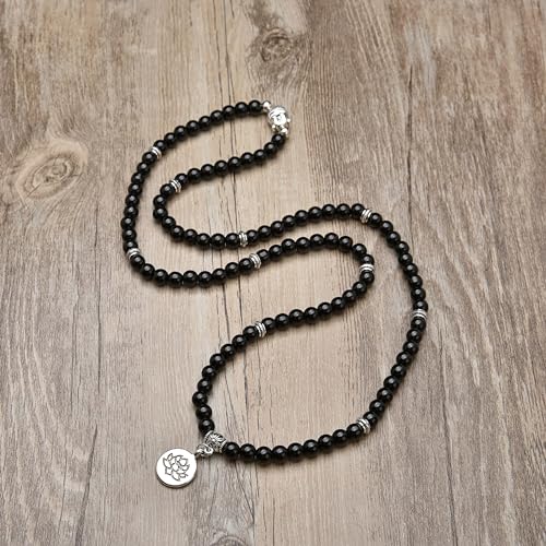 6mm 108 Mala Beads Bracelet, Yoga Zen Necklace with Buddha and Lotus Charm for Prayer - style: Black Agate