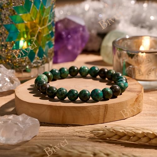 Bivei 8mm Beaded Bracelets for Women Handmade Semi Precious Natural Stone Stretch Elastic Jewelry Yoga Protection Gifts - color: African Turquoise - Evolution, size: Medium 6.8-7.3 inch