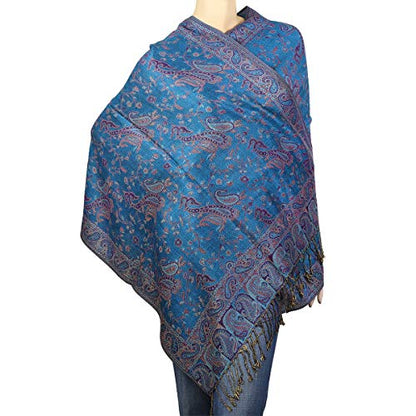 Falari Women's Reversible Paisley Pashmina Shawl Wrap Scarf For Evening Dresses Festivals Any Occasions All Seasons 80"x27" - color: Style 1 - Teal & Purple