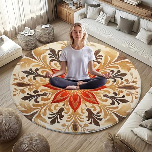 Round Area Rug, Golden Lotus Flower Design, Flannel Meditation Yoga Mat, 59x59 Inch, Soft Portable Floor Carpet for Living Room Bedroom Entryway (150 * 150cm/59 * 59inch)