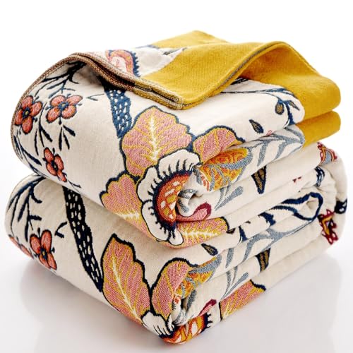 Boho Throw Blanket for Bed 100% Cotton Ultra Soft Rustic Quilt Fall Blanket Bird Floral Printed Farmhouse Decor Bed Blankets,60"×80" All Season Rustic Throw for Sofa Couch Chair - color: Blue Leaves, size: 60x80 Inch