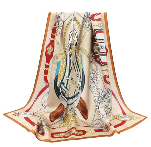 ANDANTINO 100% Pure Mulberry Silk Scarf 35" Large Square Lightweight Headscarf –Women’s Hair Wraps-With Gift Packed - color: Light Khaki&gold