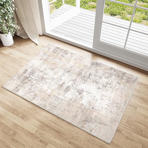 2x3 Washable Area Rug Beige Grey Abstract Non Slip Soft Low Pile Small Rug for Entryway Kitchen Bathroom Neutral Modern Throw Carpet for Living Room Bedroom Home Decor - color: Beige/Grey, size: 2' x 3' (Rectangular)