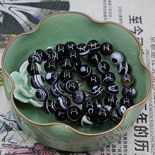 Keleny Semi Precious Stones Natural Gemstones 12mm Round Beads Crystal Stretch Bracelets 7 Inch Unisex - color: Black Striped Agate