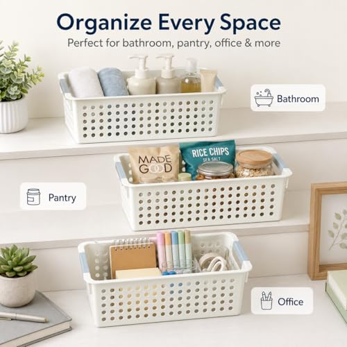 Basicwise Set of 3 White Rectangular Plastic Storage Basket with Easy-Grip Handles Ventilated Organizer Bin for Bathroom Pantry Closet Laundry Kitchen Shelf Countertop & Home Organization Essentials - size: Set of 3
