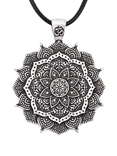 HAQUIL Mandala Flower of Life Necklace, Buddhist Lotus Flower Om Mandala Pendant, Faux Leather Cord - color: S01