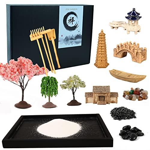 Mini Zen Garden, White Sand, 10" x 7" Rectangular Plastic Tray with Meditation Accessories - size: 10" x 7" x 0.8"