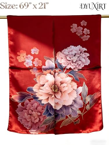 100% Mulberry Silk Oversized Women’s Sun-Shielding Shawl Formal Evening Neckwear Featherlight Airy - color: N11-crimson Peony Scarf（69" X 21"inch）
