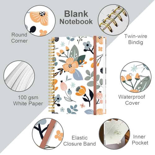 A5 Blank Notebook - 70 Sheets/140 Pages Blank Paper Notebook, 100 GSM Thick White Paper, 5.8" x 8.3" Spiral Blank Journal, Flowers - size: 1-Pack, style: Flowers